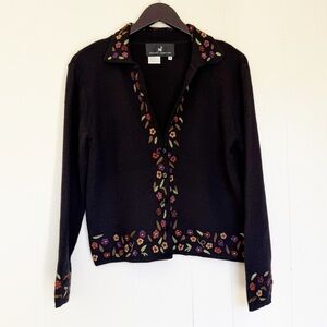 PERUVIAN CONNECTION Alpaca Floral Embroidered Button Front Black Cardigan Small